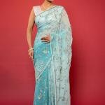 Two Tone Sky Pure Chiffon Saree | Resham, Aari, Sequin & Pearl Work | Jaipurio Designer Collection